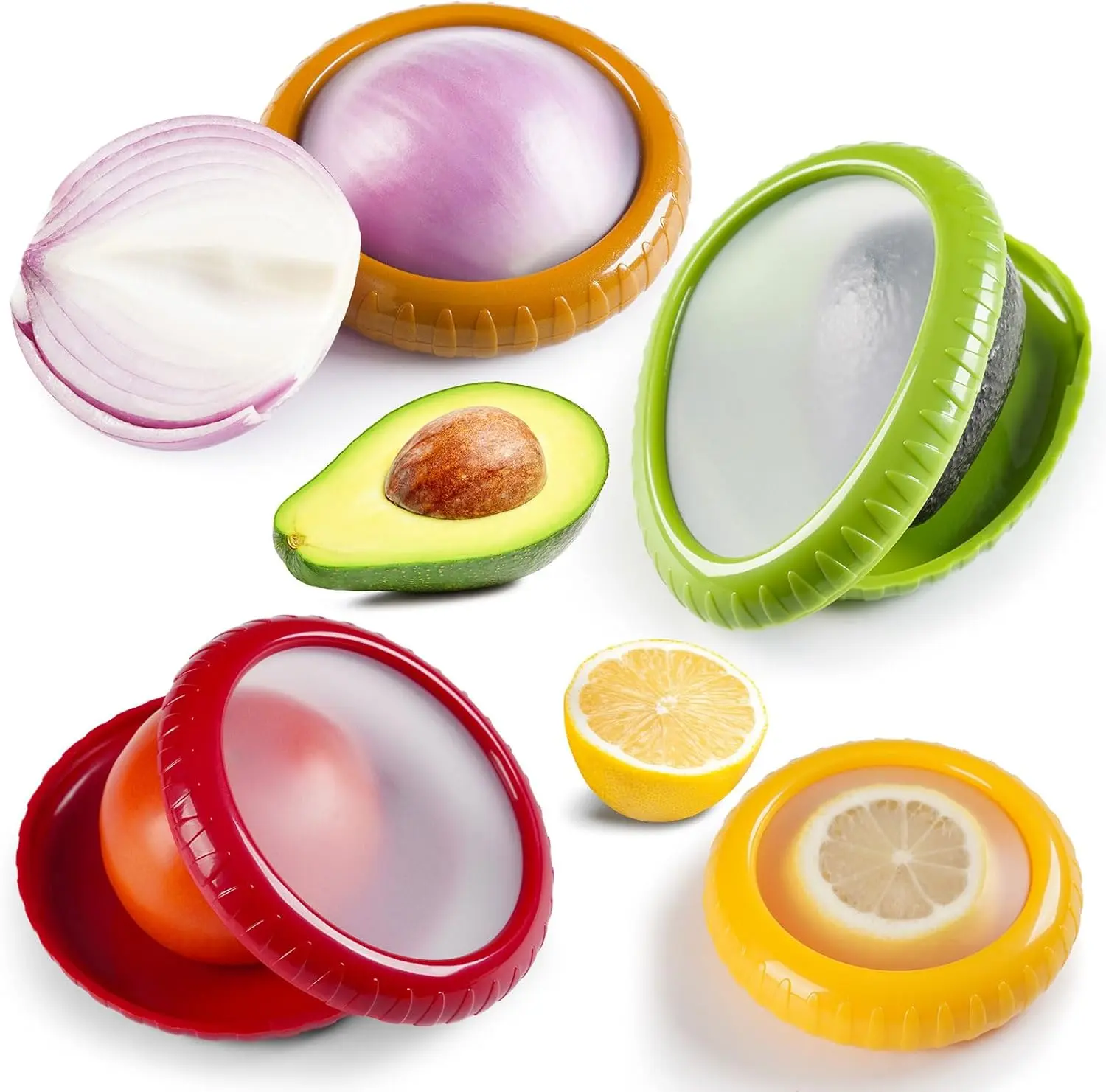 4-Piece Silicone Kitchen Avocado Saver & Onion Storage Set, Reusable Food Organizer, Anti-Oxidation Fridge Fresh Pods for Lemons, Tomatoes, Garlic, Abs Plastic Cover
