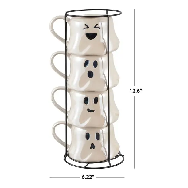Way To Celebrate Halloween 13-Ounce White Ghost Stoneware Stackable Mug Set with Iron Rack for Festive Gatherings