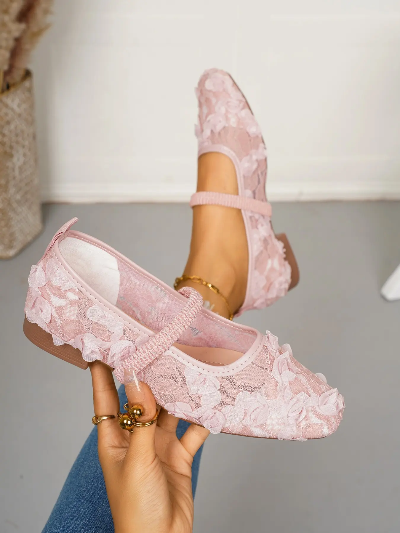 Women's Flat Square Toe Fairy Shoes, Lace Flower Design, Breathable Summer Sandals, Summer Flats, Fashionable Flats, Perfect for Skirts, Comfortable and Stylish, Footwear