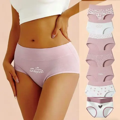 7-Pack 100% Cotton Womens Underwear Set Double-Layer Antibacterial Crotch High-Waist Tummy Control Plus-Size Seamless Panties with Heart Print Soft Breathable Comfortable