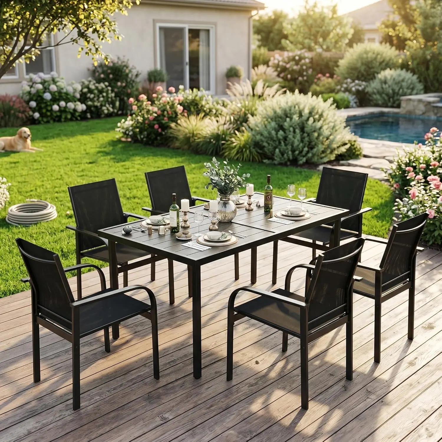 7 Piece Patio Dining Set, Outdoor Furniture with 55" Rectangular Iron Table & 6 Textilene Chairs, All Weather Wood-Grain Finish, Suitable for Backyard, Garden, Poolside, Patio Furniture Sets, Outdoor Furniture Sets