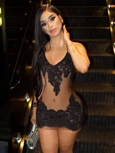 Transparent Lace Patchwork Leather Dress, Nightclub Party Club Sexy Tight Fit Halter Short Dress, Elegant Sleeveless Bodycon Cocktail Dress, Women's Fashion Clothing