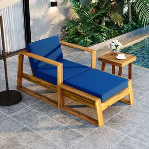 Acacia Wood Outdoor Lounge Set - Chair and Ottoman with Removable Cushions, All-Weather Outdoor Chaise Lounge/Daybed, Perfect for Patios, Balconies, and Gardens