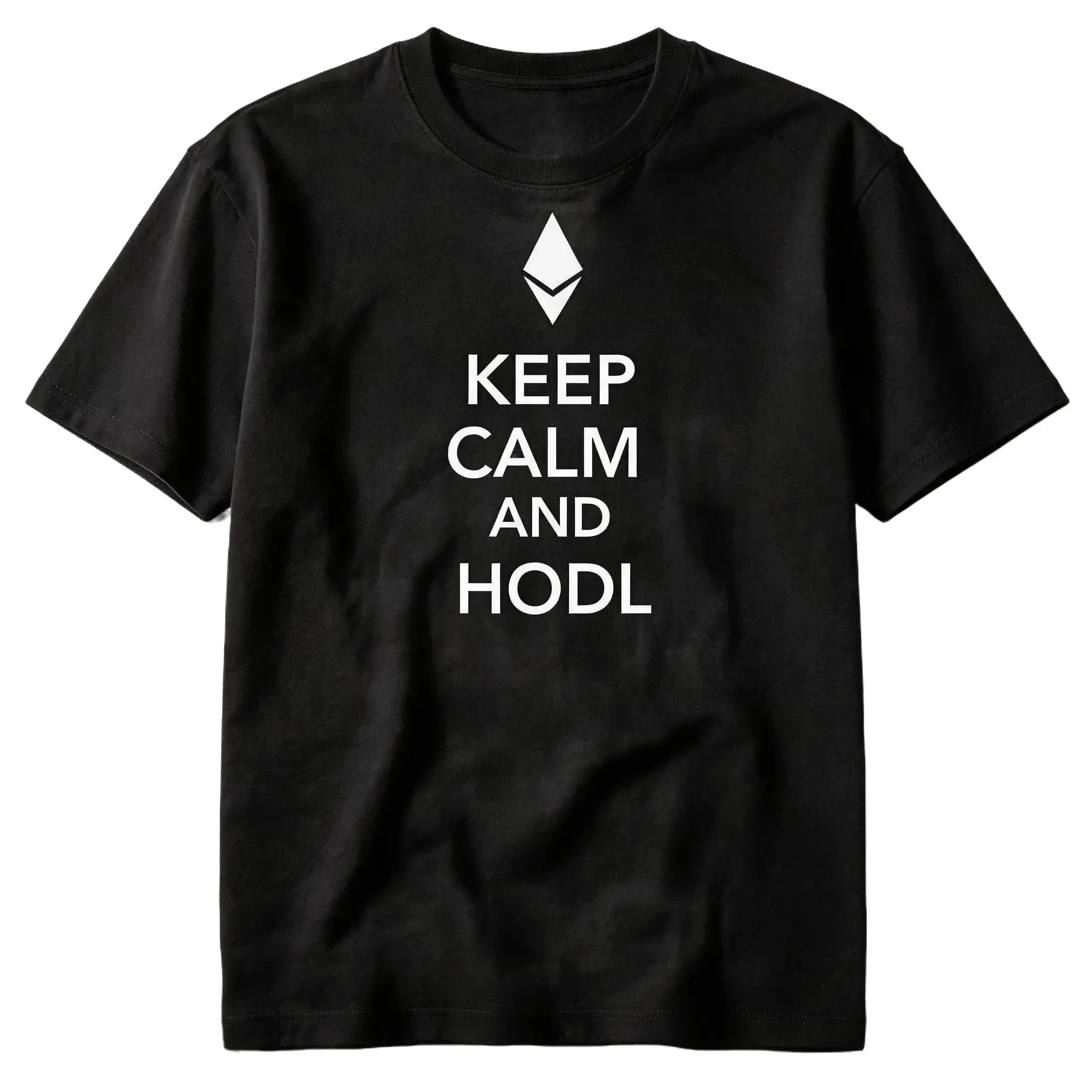 Unisex Cotton Short Sleeve Crew Neck Crypto Graphic Tops - Keep Calm And Hodl Ethereum ETH Logo, Minimal Design, Blockchain Investor Simple Text, Casual T-Shirt, Minimalist