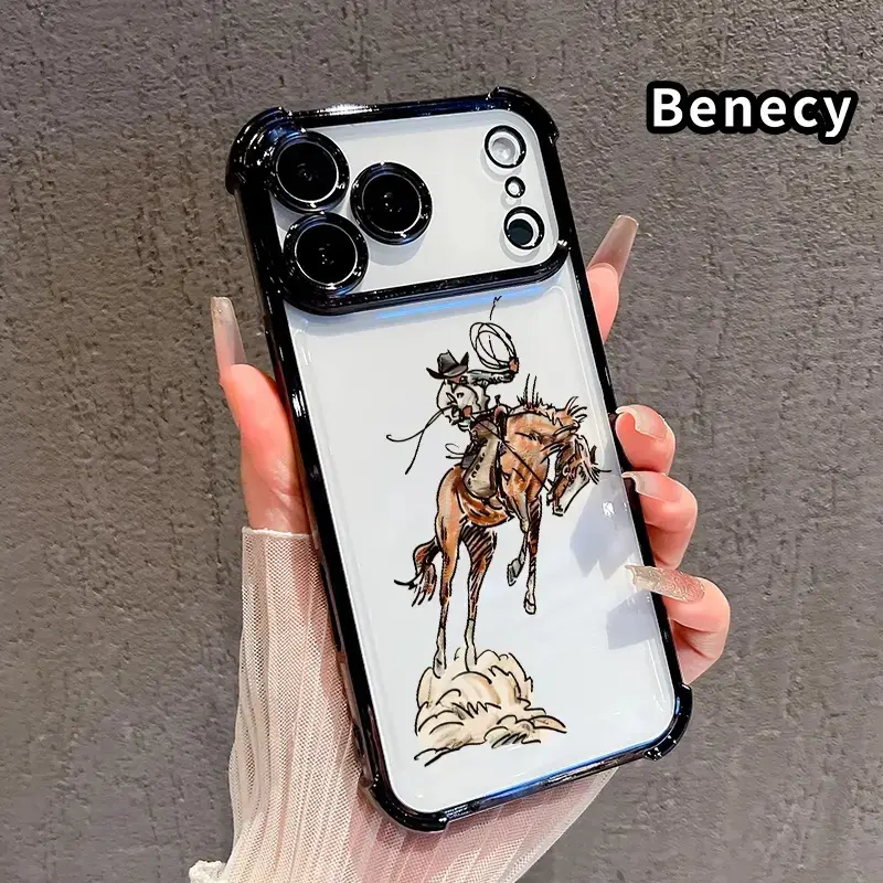 Cowboy's Wild Ride Pattern Silicone Smartphone Case - 4-Corner Air Cushion Anti-Drop, Raised Edges, Transparent Full Coverage Phone Accessories with Soft Flex for Comfy Hold, Fit for iPhone 17 Pro Max,16,16 Plus,15 Plus,14,13,12,11,E Devices