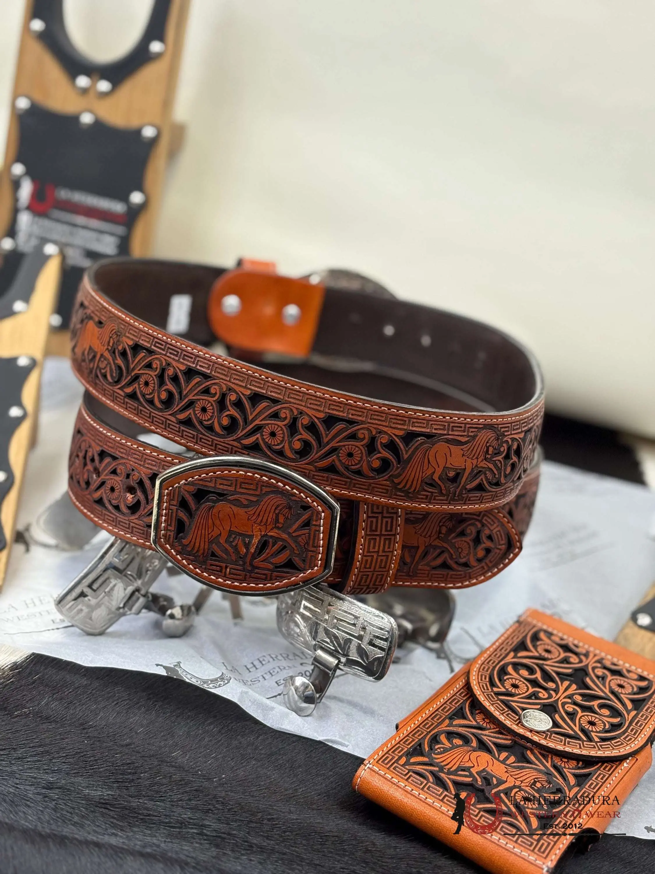 Adult Hand-Tooled Leather Belts - 2-In Wide Brown Strap with Aztec Patterns, Regular Buckle, Easy Wear