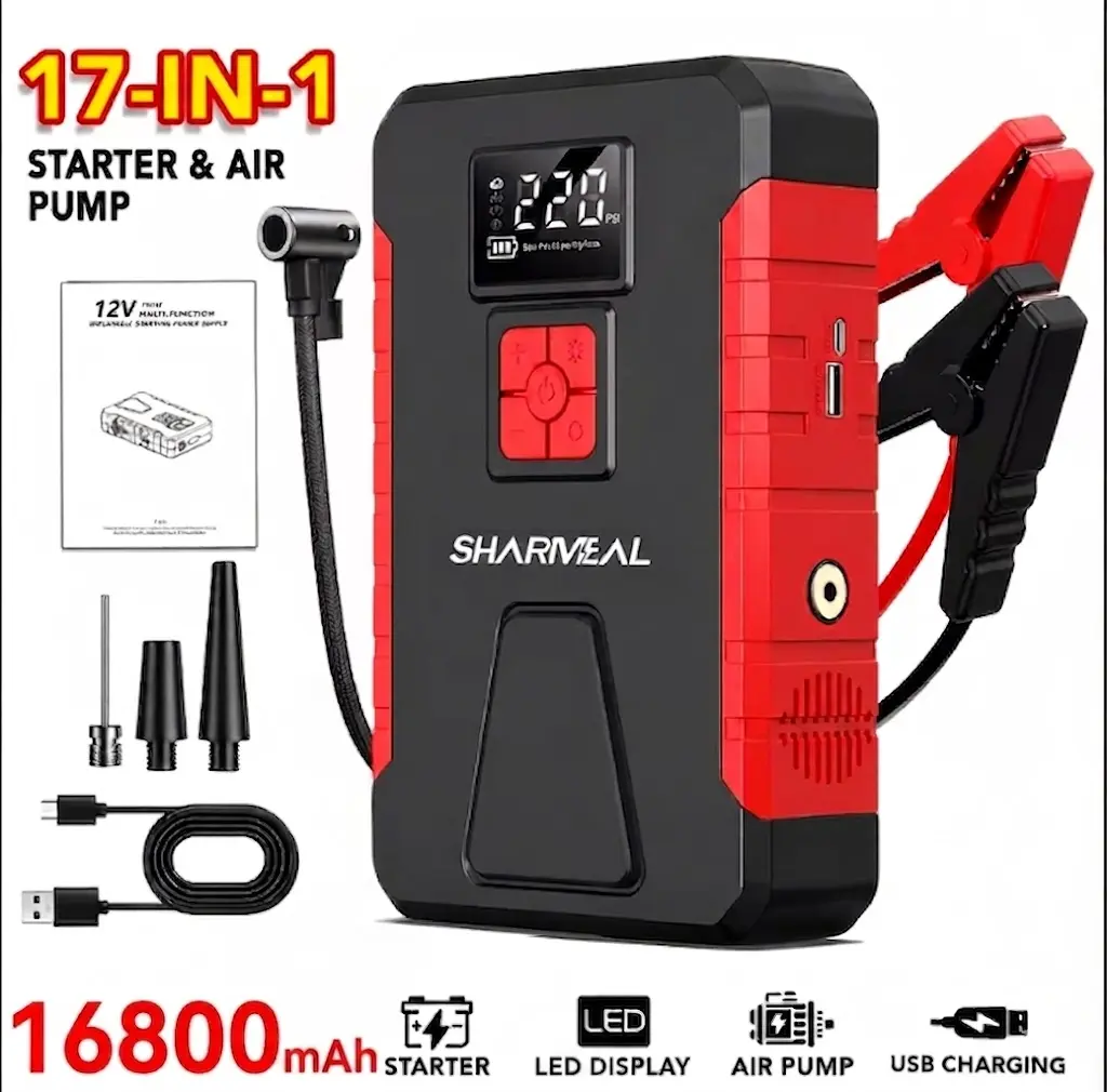 SHARMEAL 16800mAh High-Capacity Compact Automotive Portable Car Jump Starter - 12V Road Emergencies Multi-Tool Kit with 150PSI Tire Inflator, Power Bank, LED Light