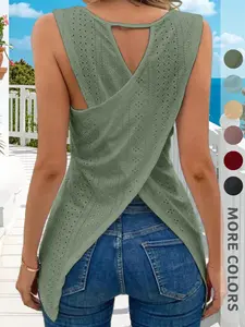 New Summer Women's Plain Solid Sleeveless Top, Womenswear Hollow Out Irregular Hem Cross Design, Elegant Fashion Commuter Versatile Tank Shirt