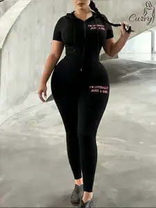 Women's Sporty Zipper Letter Print Set, High Stretch Comfortable Long Pants Sports Set, Daily Wear & Workout