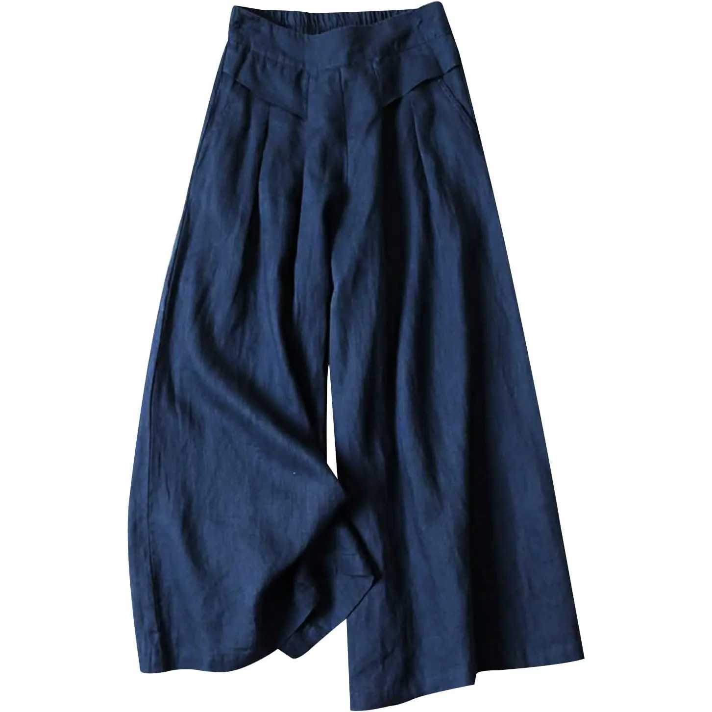 Women's Linen-Blend Wide Leg Bottoms - Elastic Waist, Pocketed Capris, Casual Fashion Bottoms, Solid Pattern Casual Trousers, Pants For Women, Culottes