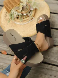 Women's Comfortable Open-Toe Sandals, Thick Sole PU Slip-On Shoes, Ideal for Summer Casual Beach Vacations, Perfectly Comfortable