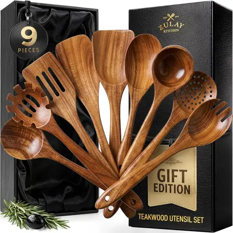 Teak Wood Kitchen Utensil Set - Durable Cooking Tools for Nonstick Cookware, High-Quality Teak Wood, Smooth Grip, and Easy to Clean