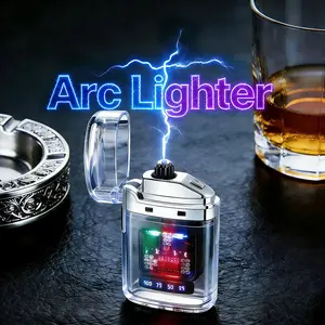 Colorful Arc Electronic Lighter, Type-C Charging & Transparent Body, with Three-Color LED Light, with Power Display, Suitable for Outdoor, Indoor, Camping, Bbq, Candles&Birthday, Halloween, And Christmas Gifts