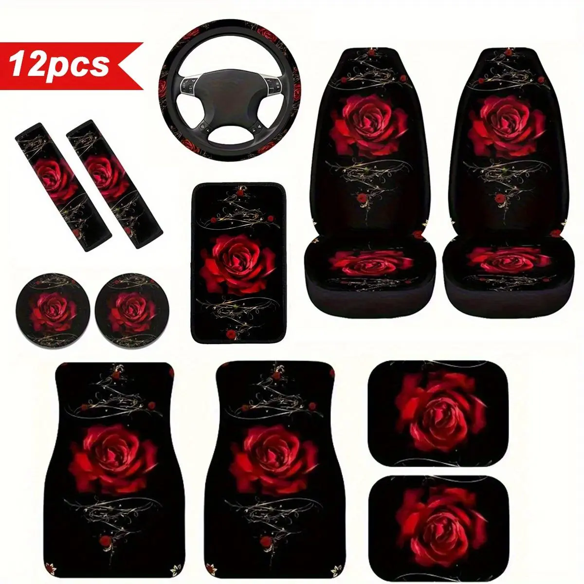 Rose Pattern Car Interior Decoration Set, Car Interior Decorative, Durable Seat Covers & Floor Mats & Coasters for Cars, SUVs, Trucks, Car Interior Accessory, Car Accessories, Girly Car Interior Sets