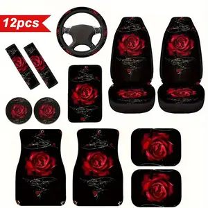 Rose Pattern Car Interior Decoration Set, Durable Seat Covers & Floor Mats & Coasters for Cars, SUVs, Trucks, Car Interior Accessory, Car Accessories