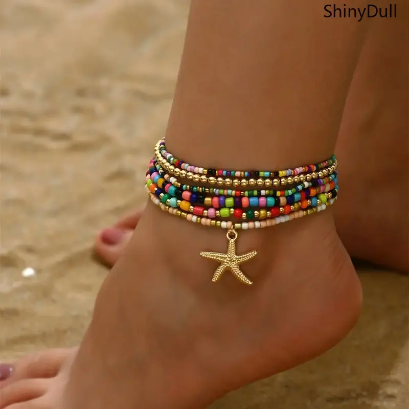 Women's 6PCS Boho Starfish Anklet Set - Multi-Layer Handmade Beaded Jewelry Gift, Fashion Accessories for Women, Sports & Outdoor Beach Vacation Use, Foot Jewelry