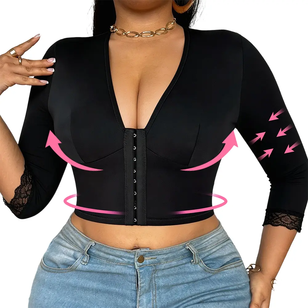 Women's Basic Minimalist Nylon Compression Shaper Bra - V-Neck, Hook-and-Eye Closure, Post-Surgery Support, Athletic Arm Sleeve Shapewear, Sportswear