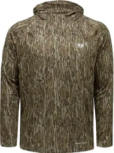 Bottomland Camo Long Sleeve Hoodie. Dominant Earth Brown, Moss Gray, Beige Branches. Woodland Camouflage Pattern, Hunting