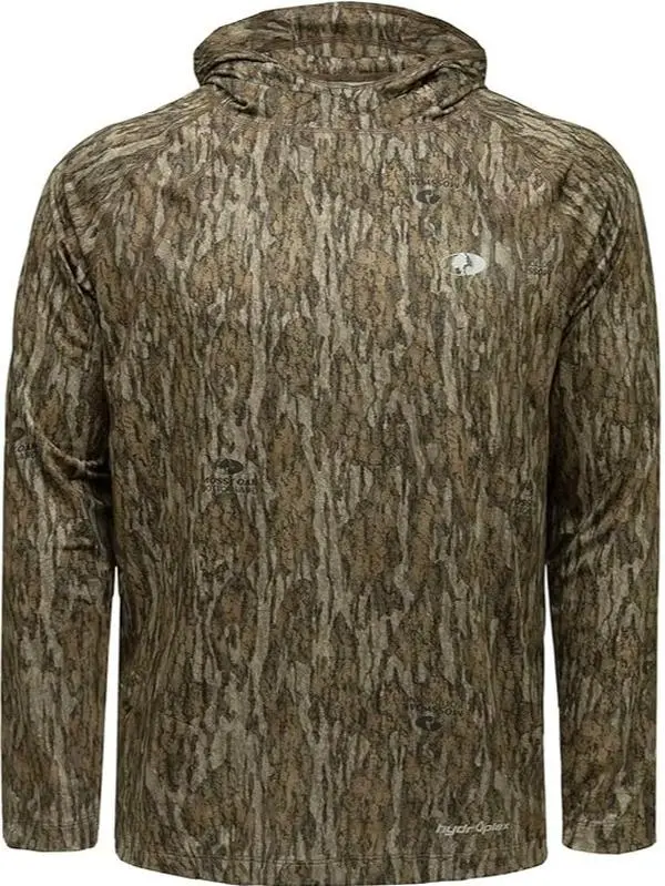Bottomland Camo Long Sleeve Hoodie. Dominant Earth Brown, Moss Gray, Beige Branches. Woodland Camouflage Pattern, Hunting