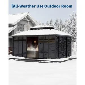 12x16 ft Hardtop Enclosed Sunroom Gazebo, Floor-to-Ceiling Sliding Doors, All-Aluminum Frame, Screen Solarium for Backyard, Patio & Deck