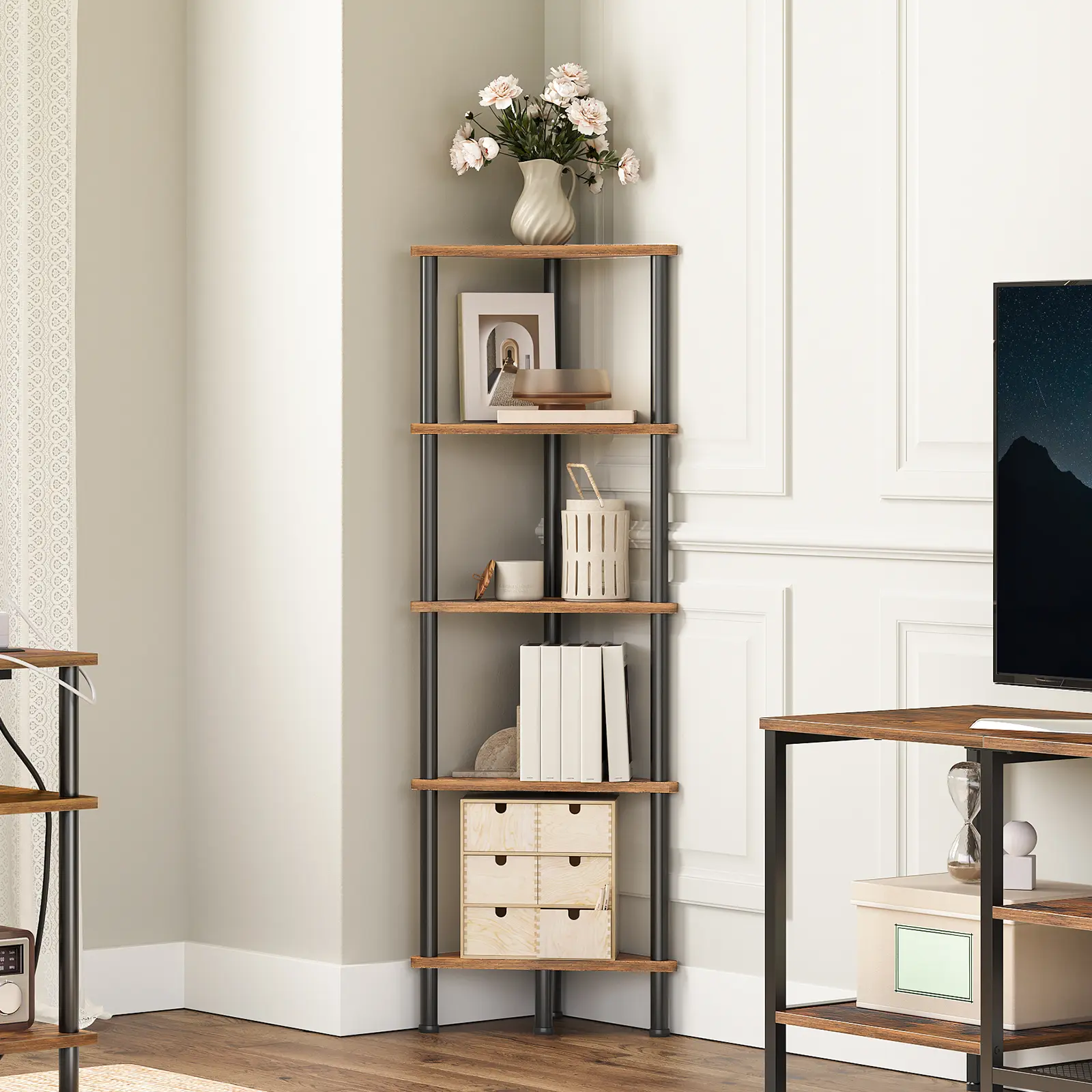 HOOBRO Corner Shelf Stand, Industrial 5-Tier Corner Bookshelf with Metal Frame, Plant Display Shelf, Corner Bookcase for Small Spaces, Rustic Brown#springtok #SummerVibes