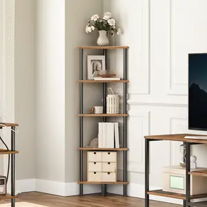 HOOBRO Corner Shelf Stand, Industrial 5-Tier Corner Bookshelf with Metal Frame, Plant Display Shelf, Corner Bookcase for Small Spaces, Rustic Brown#springtok