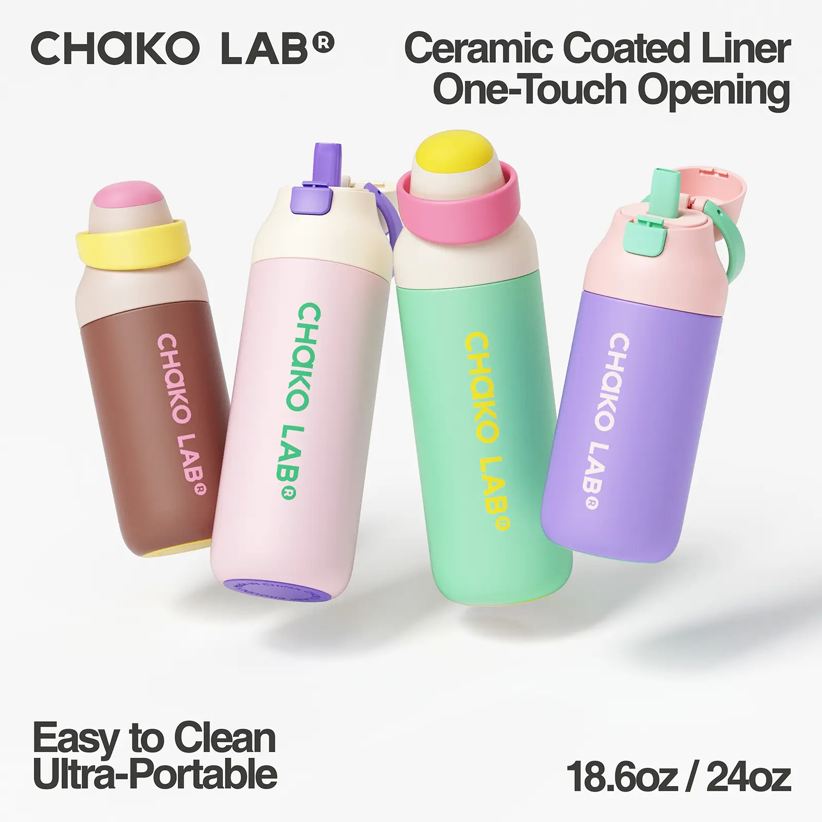 CHaKO LAB Kada Ceramic-Lined Insulated Flask - Portable Tea Flask with Loop, StrawShift 360° Leak-Proof Pour Lid, 1-Press Pop-Up Driving-Safe Spout, 15° Ergonomic Coffee Drinkware, Large Capacity, Car Cup Fit, Flasks, Water Bottle