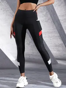 Women's Sporty High Waisted Yoga Pants Activewear, Patchwork Mesh Colorblock Tight Fit, Pockets, Suitable for Running, Fitness, All Seasons, Yoga Workout Pants