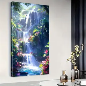 1pc Framed Waterfall Canvas Print Wall Art - Vibrant Forest & Cascading Waterfall Scene, Green Nature Vertical Decor, Sunshine Paintings, Ideal for Living Room, Porch, or Home Office, Perfect Gift Idea, Outdoor Deco