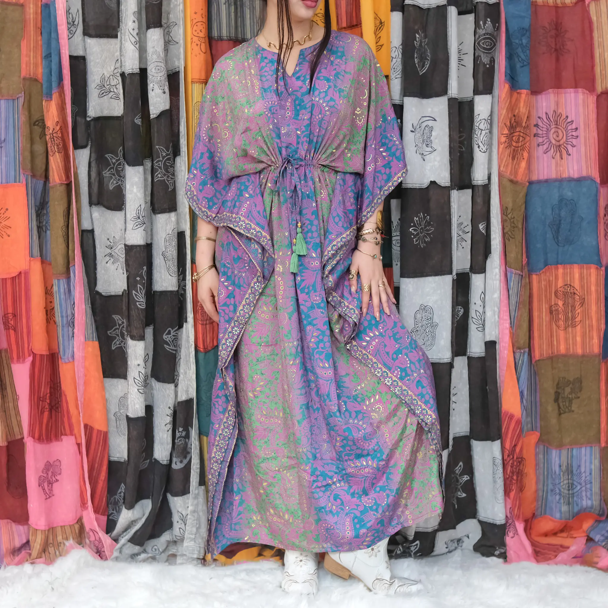 Boho Maxi Festival Kaftan Dress,  Maxi Cover-Up , Eco-Friendly Travel Dress, Long Cover Up, Lounge wear, Flowy Bohemian Kimono