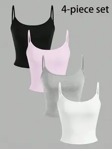 Women's Tight Basic Tank Tops 4-Pack, Sweet & Spicy, Chic Sleeveless Design, Solid Color, Strappy Backless, High-Waisted Crop Top Set