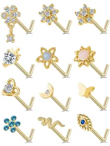 12Pcs Nose Rings Stud L Shape Nose Rings Cubic Zirconia Butterfly Flower Eye Moon Crown Heart Lightning Shape Nose Studs Body Piercing Jewelry for Women Men Silver Gold Plated 20G