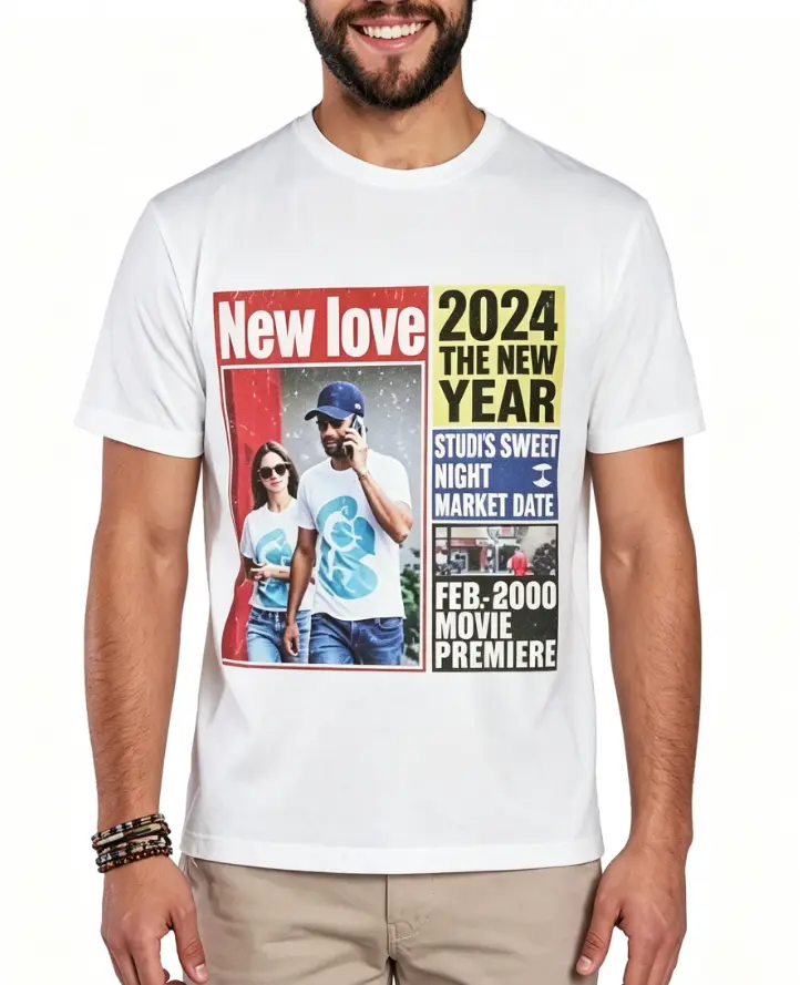 Standard Size Men's Short White Boxy Newspaper Graphic T-Shirt, Summer