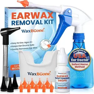 WaxBgone Earwax Removal Kit - Fast, Gentle, and Effective Ear Wax Removal Kit – Dissolve and Remove Earwax at Home - Includes Earwax Softening Drops, 10 SoftSpray Reusable Irrigation Tips, Otoscope