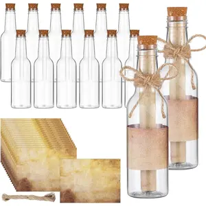 12 Pcs 5.6 oz Message Bottles with Letter Printer Paper Plastic Bottles & Corks Twines for Message Invitations Birthday Wedding Baby Shower DIY Crafts Gift Party Favors Vintage
