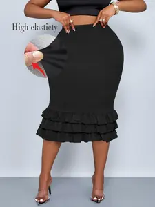 Plus Size Elegant Casual Women's High Waist Midi Skirt, Plain Fitted Design, All Seasons Fashion, Large Size Available, Ladies' Stylish Clothing, High Waisted Skirt