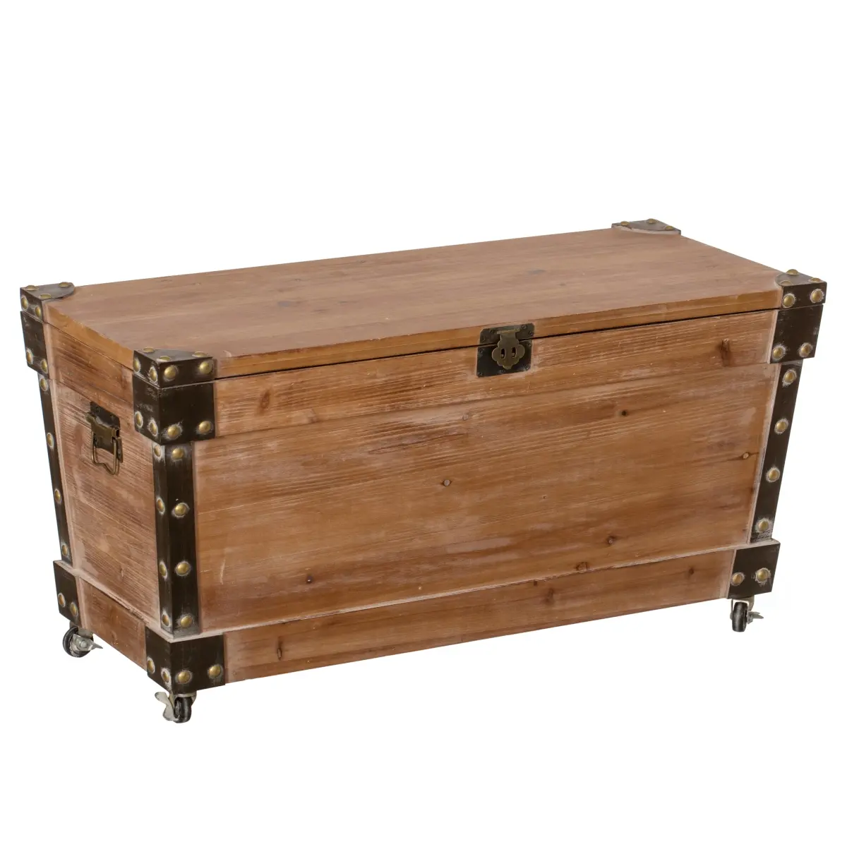 Vintiquewise QI004860.L Classic Rustic Vintage-Inspired Wooden Footstool with Storage - Wheels, Black Metal Accents, Side Handles, Decorative Trunk Organizer for Living Rooms, Home Offices