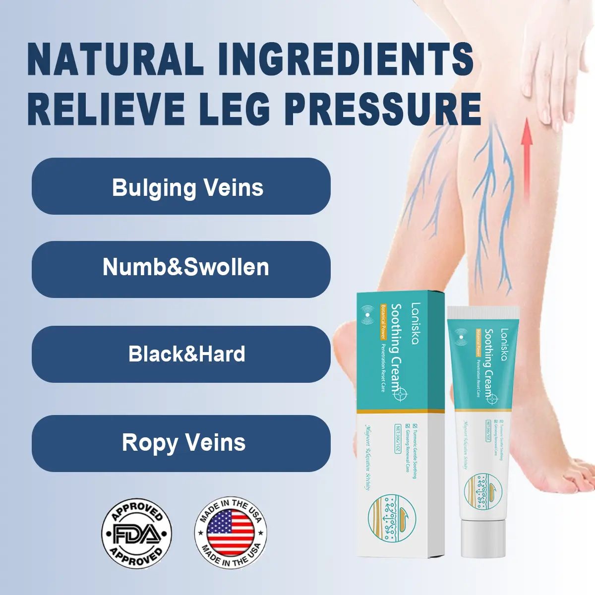 Gentle Ginseng Varicose Veins Cream - Smooth, Lightweight Body Care Moisturizer for Leg Relief, Pain & Swelling Relief, Vein Repair - External Use Soothing Massage Lotion - 30g, Turmeric, Scent, Daily, Botanical Herbal Body Lotions & Creams