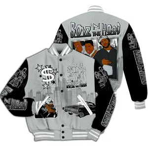 Varsity Jacket Match Black Wolf Grey 12s, Movie Boyz N The Hood Graphic, Oversized Streetwear Baseball Jacket