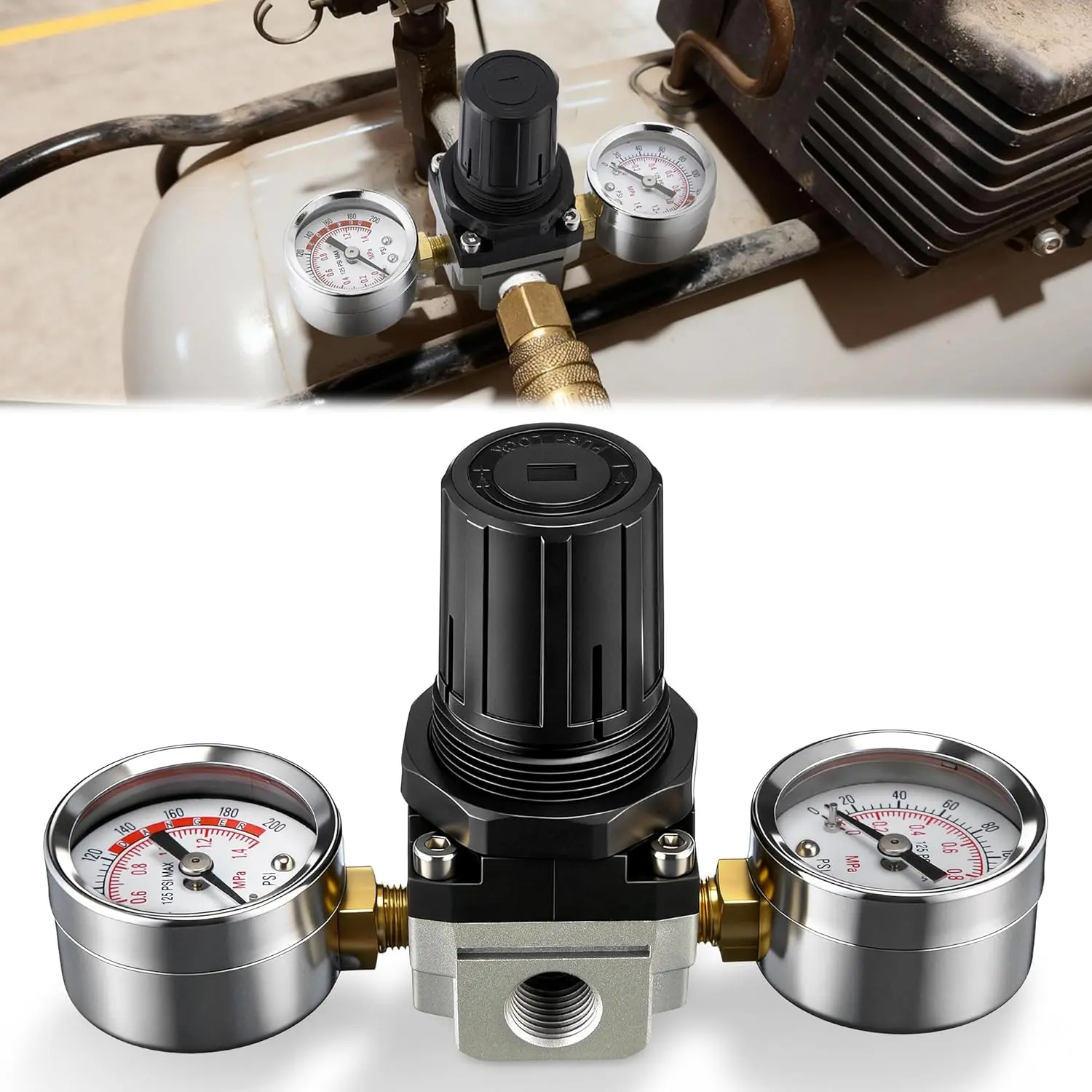 Air Regulator with 0-200 PSI Gauge, Compatible with Craftsman/DeWalt/DeVilbiss Air Compressor, 4 Port Regulator 0-150 PSI Adjustable, 1/4" NPT Inlet/Outlet, 1/8" NPT Gauge Port