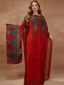 2-piece set - Large-sized satin kaftan long dress —— Black and gold letter combination pattern, comes with a matching headscarf, stylish and elegant moomoo, multi-purpose loungewear / beach cover-up / elegant evening dress, a luxurious and fashionable ite