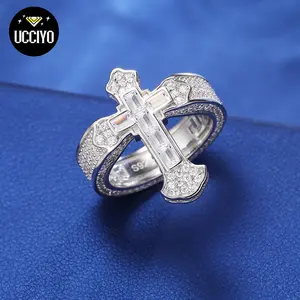 【#R284 】New 925 Sterling Silver Cross Baguette  Rings for Women Men Wedding Hip Hop Ring Fine Jewelry Christmas Gifts
