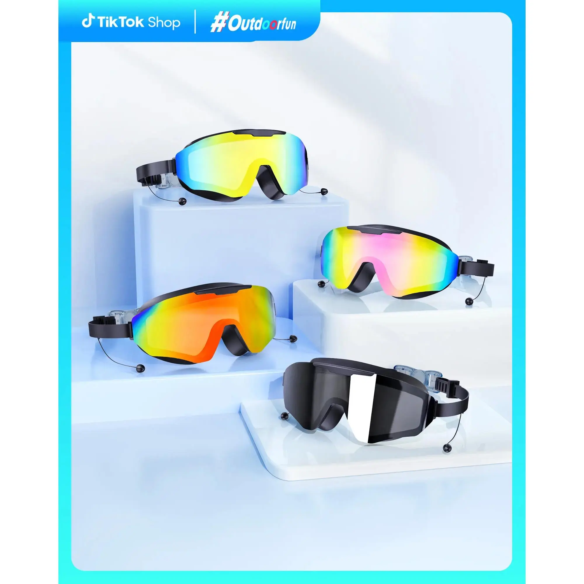 Frameless Silicone Swim Goggles for Adults & Kids, Anti-Fog with 3-Color Gradient UV Lens and Detachable Earplugs & Nose Clip, 3-Color Uv Lens