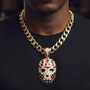 Iced Gold Silver Plated Jason Mask CZ Pendant & 10mm 18" 20" 24" 30" Cuban Chain Necklace Fashion Jewelry Gift For Men