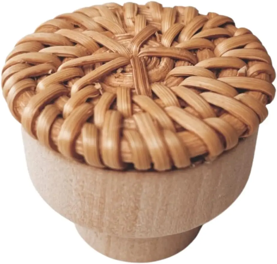 6pc Boho Rattan Knobs for Dresr, Drawers, Cabinet; Handmade Boho Wicker Woven Decorative Pulls Handles Home Decor Boho Wood Furniture (Caramel)