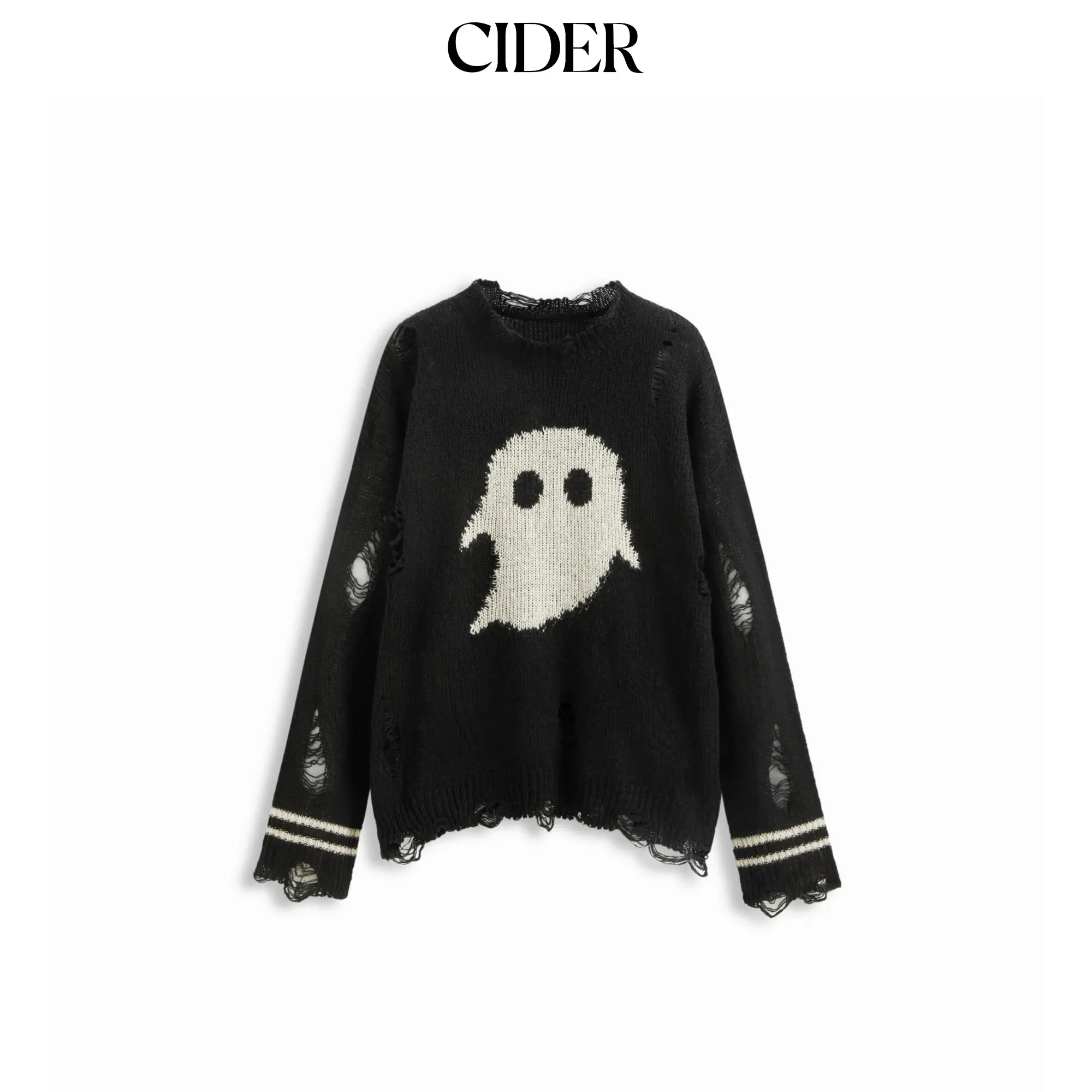 Cider Knit Ghost Pattern Stripe Ripped Oversized Top, Knitwear, Long Sleeve, Lady, Women, Ghost Print, Ripped Look
