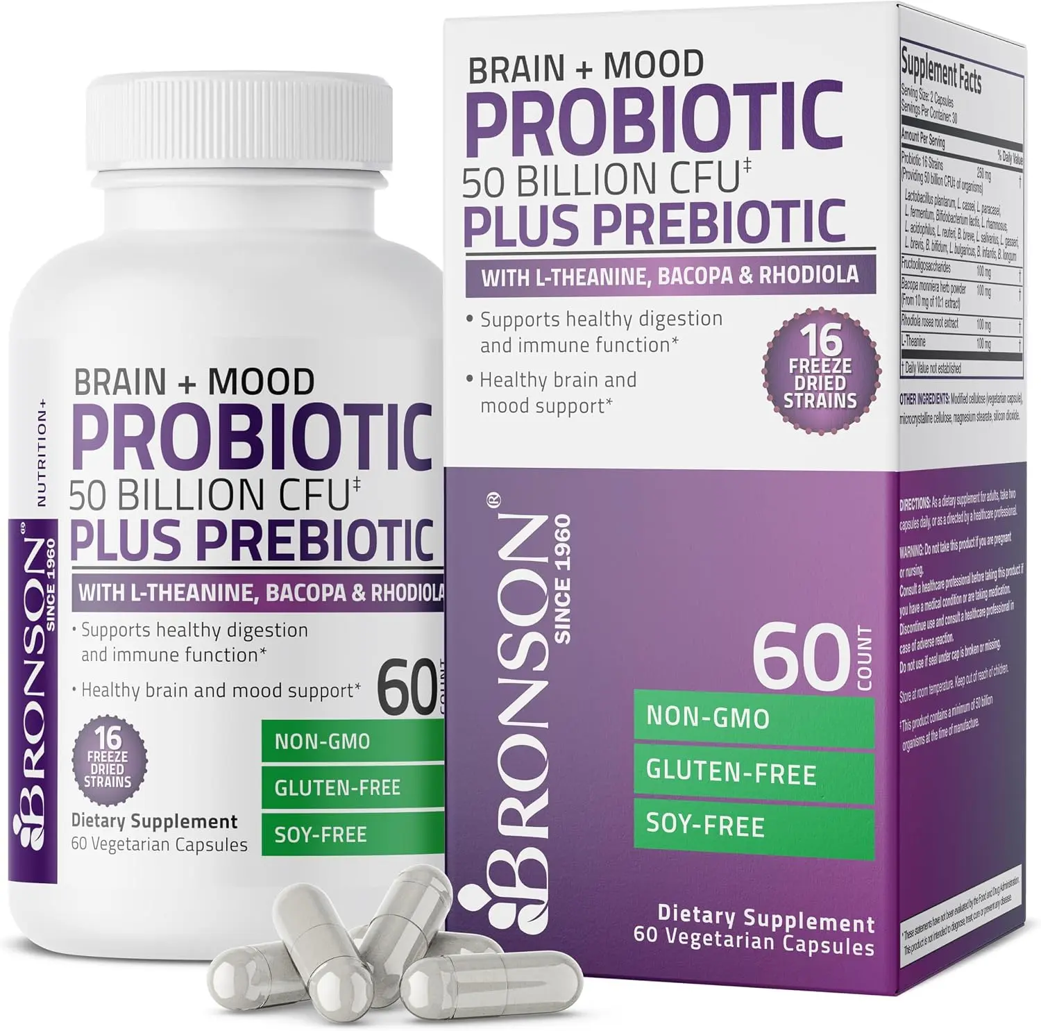 Bronson Brain + Mood Probiotic 50 Billion CFU + Prebiotic, 60 Capsules | 16 Freeze-Dried Strains with L-Theanine, Bacopa & Rhodiola, Digestive & Immune Support, Non-GMO, Gluten-Free & Soy-Free
