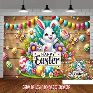 1PC Wooden-Style 2D Flat Happy Easter Decorative Backdrop Banner - Polyester, Reusable, Cute Rabbit, Easter Eggs, Flowers Design - Home & Festive Party Photography Background, Kids' Photo Prop, Birthday Use