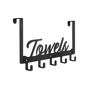 Over The Door Hooks, Towel Rack Towel Hooks for Bathroom, Towel Holder for Hanging Heavy Duty, Door Rack Over Door Hanger with 5 Coat Hooks for Bedroom Bathroom Kitchen, Black