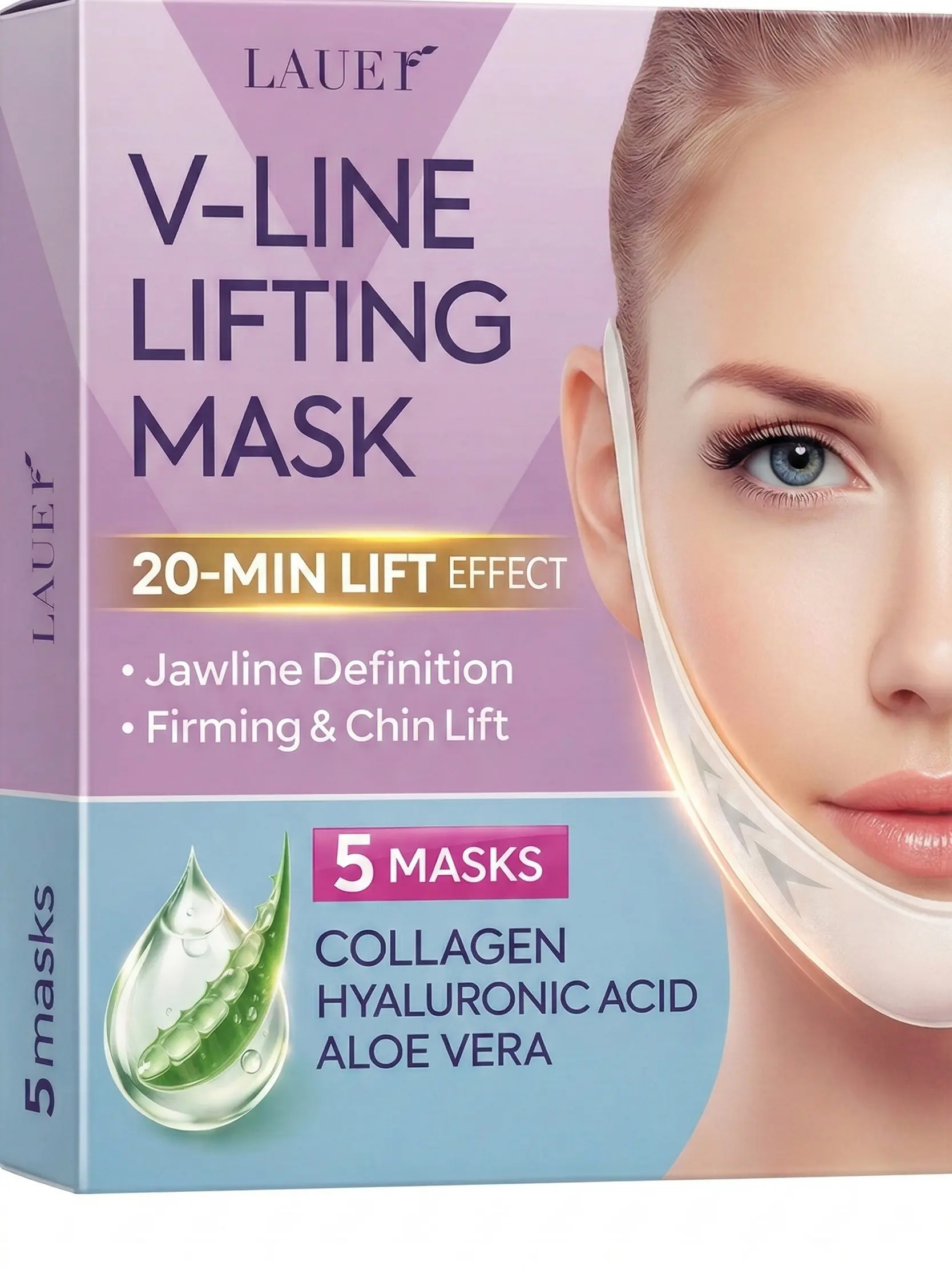 LAUER V-Line Lifting Mask for Face & Chin, Jawline Firming Hydrogel Mask with Collagen, Hyaluronic Acid & Aloe Vera, Helps Improve the Appearance of Double Chin, Defines Jawline, Hydrates & Firms Skin, Skin Care for Women & Men, 5 Pack